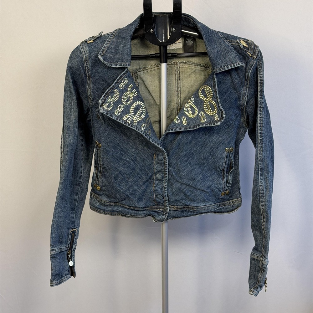 Enyce Denim Jacket Womens Large‎ Blue Rhinestone Biker Moto Zip Pockets Stretch